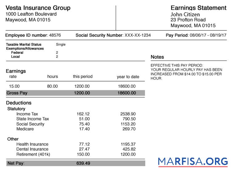 Printable USA Alabama Vesta Insurance Group earning statement sample